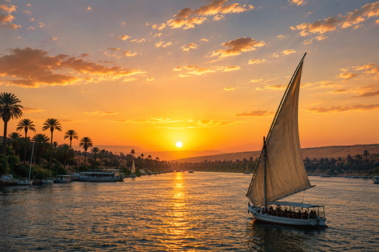 Sunset over the Nile River near Luxor during the travel season.