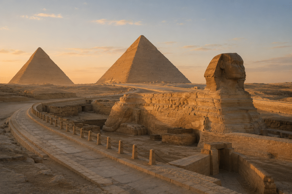 Soft morning light at the pyramids before crowds