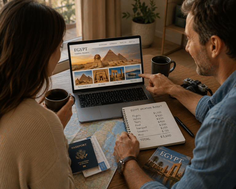 A couple reviewing travel plans on a laptop of Egypt vacation budget.