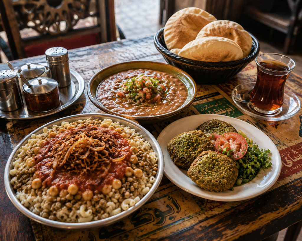 A table with koshari, ful, taameya, bread, and tea at a local Egyptian restaurant.