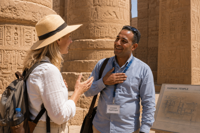 Traveler thanking an Egyptologist guide after a tour in Luxor.