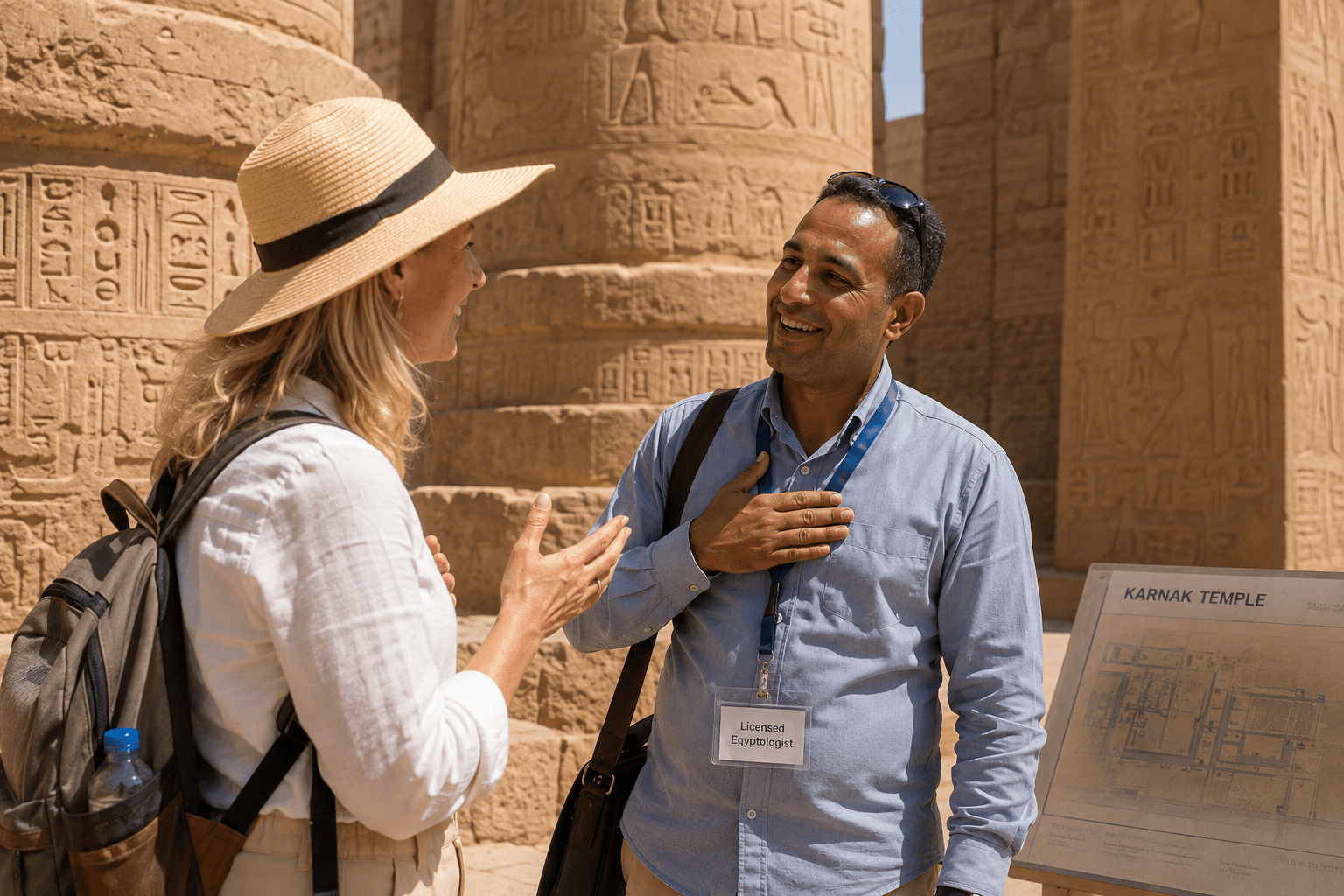 Traveler thanking an Egyptologist guide after a tour in Luxor.