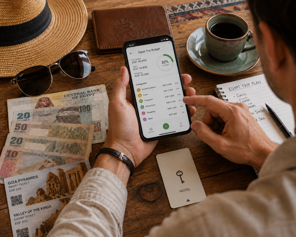 Egypt travel budget with local currency and trip expenses.