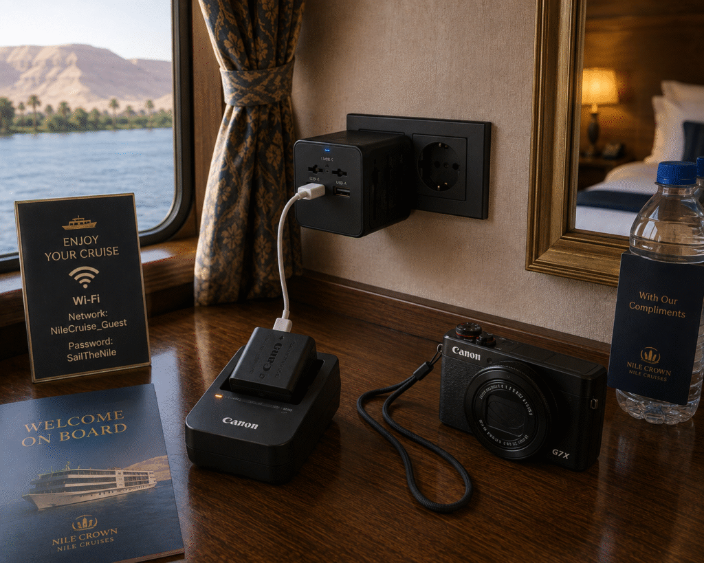 Charging electronics on a Nile cruise.