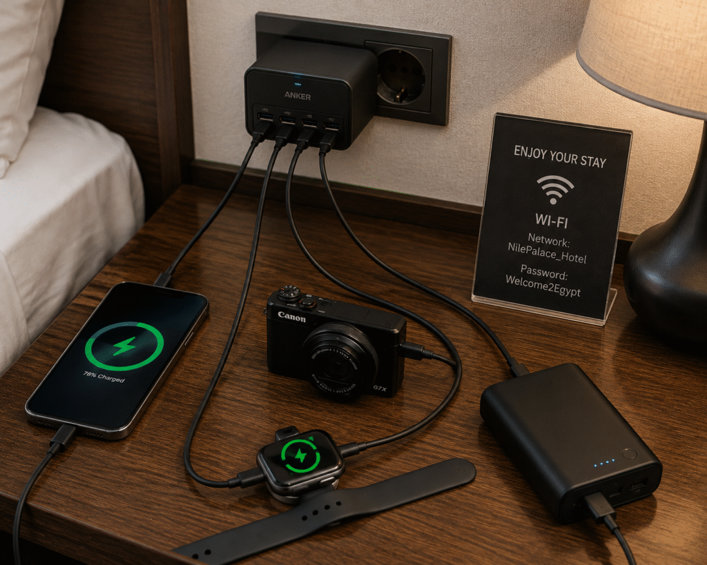 Charging multiple devices while traveling in Egypt.