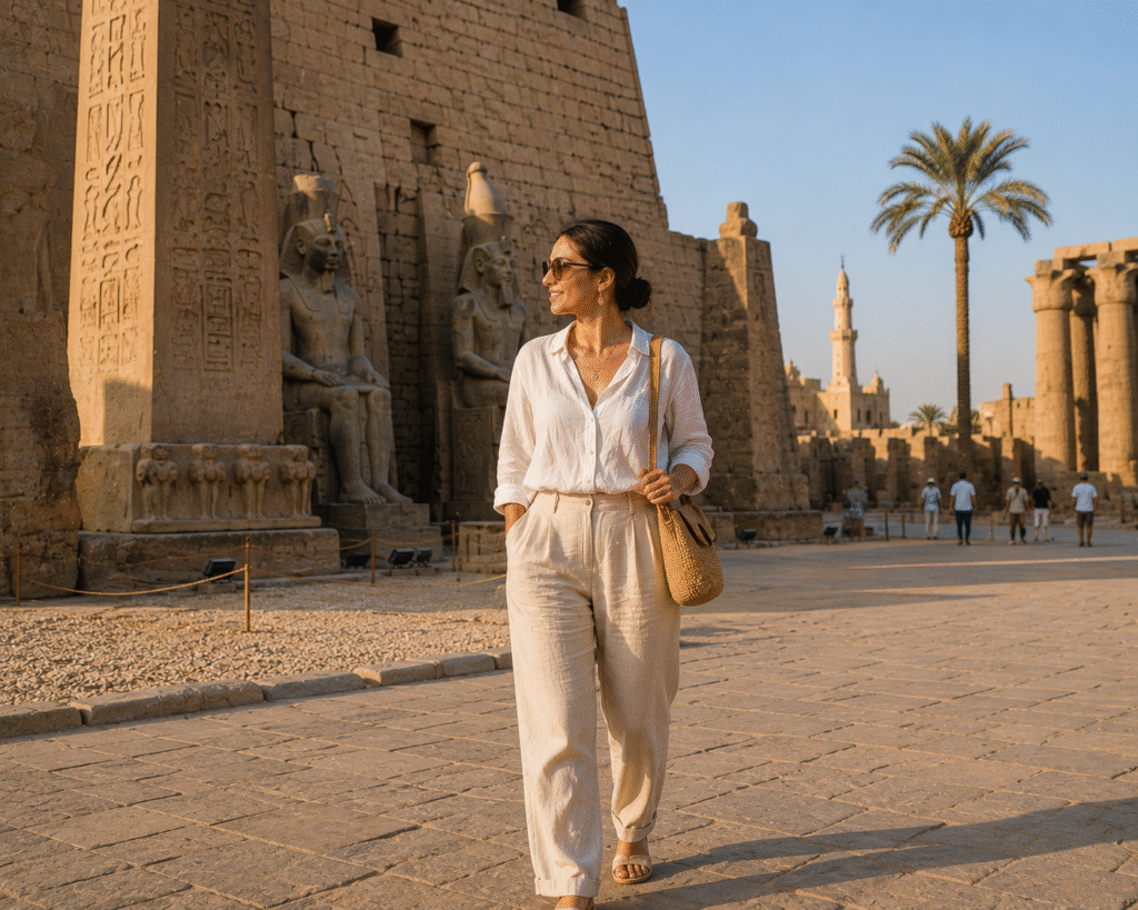 Comfortable clothing for women visiting Egypt.