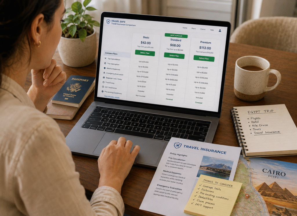 Comparing travel insurance policies for Egypt.
