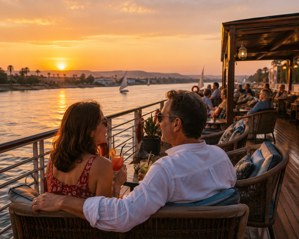 Couple enjoying a sunset aboard a Nile cruise as other travelers relax on the deck.