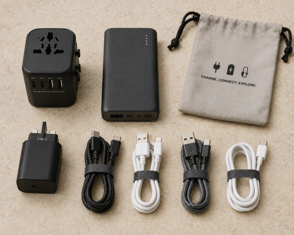Essential electronics for traveling in Egypt.