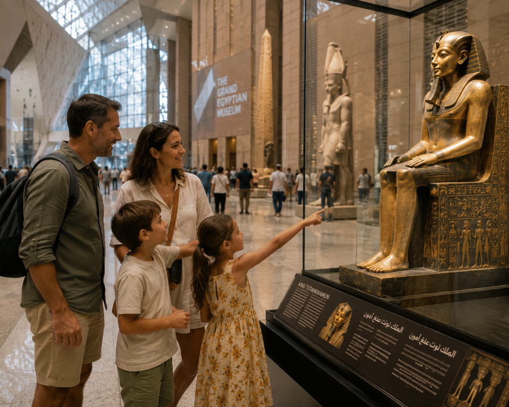 Family with children exploring the Grand Egyptian Museum.