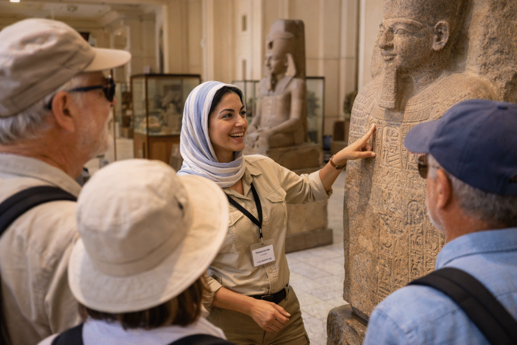 Museum guide explaining ancient statue