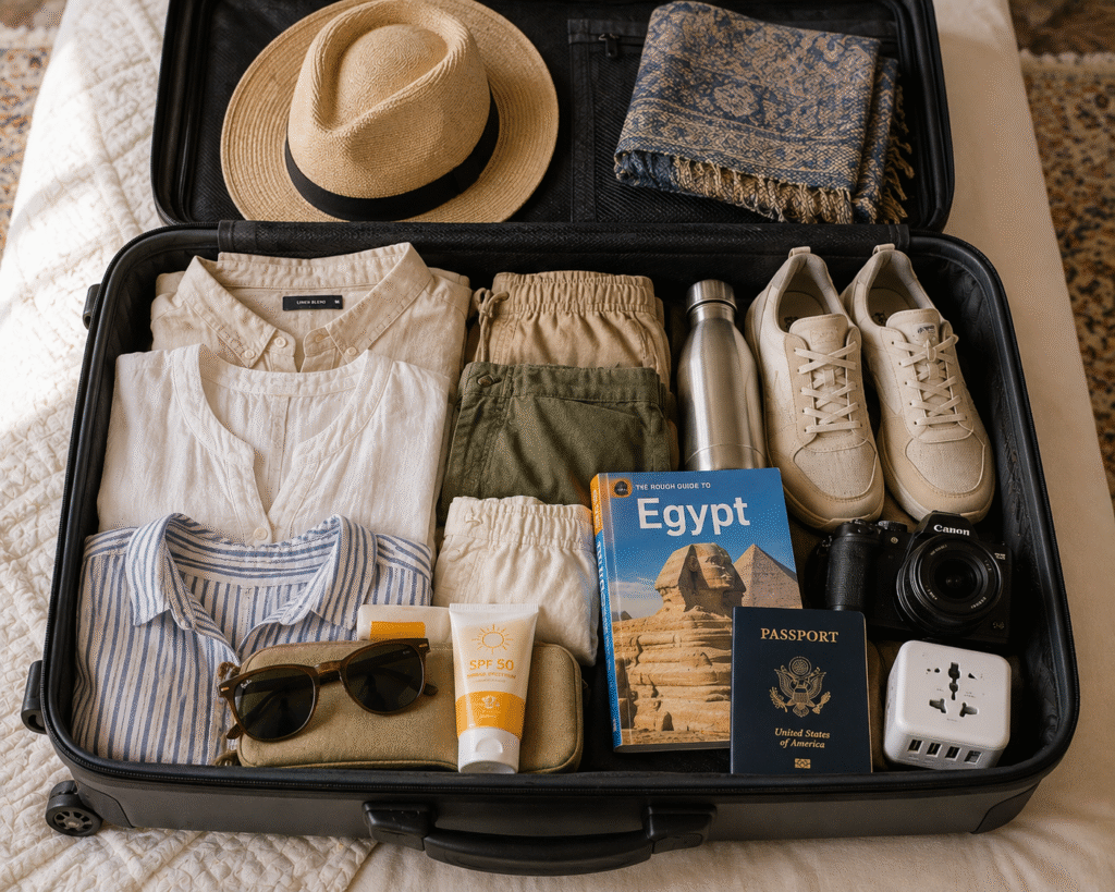 Packing a suitcase for a trip to Egypt.