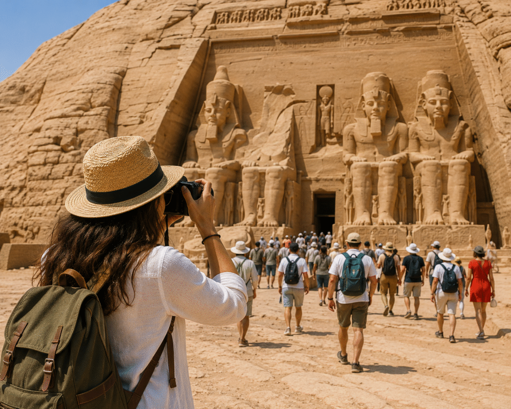 Solo traveler photographing Abu Simbel with other tourists in background going into Abu Simbel