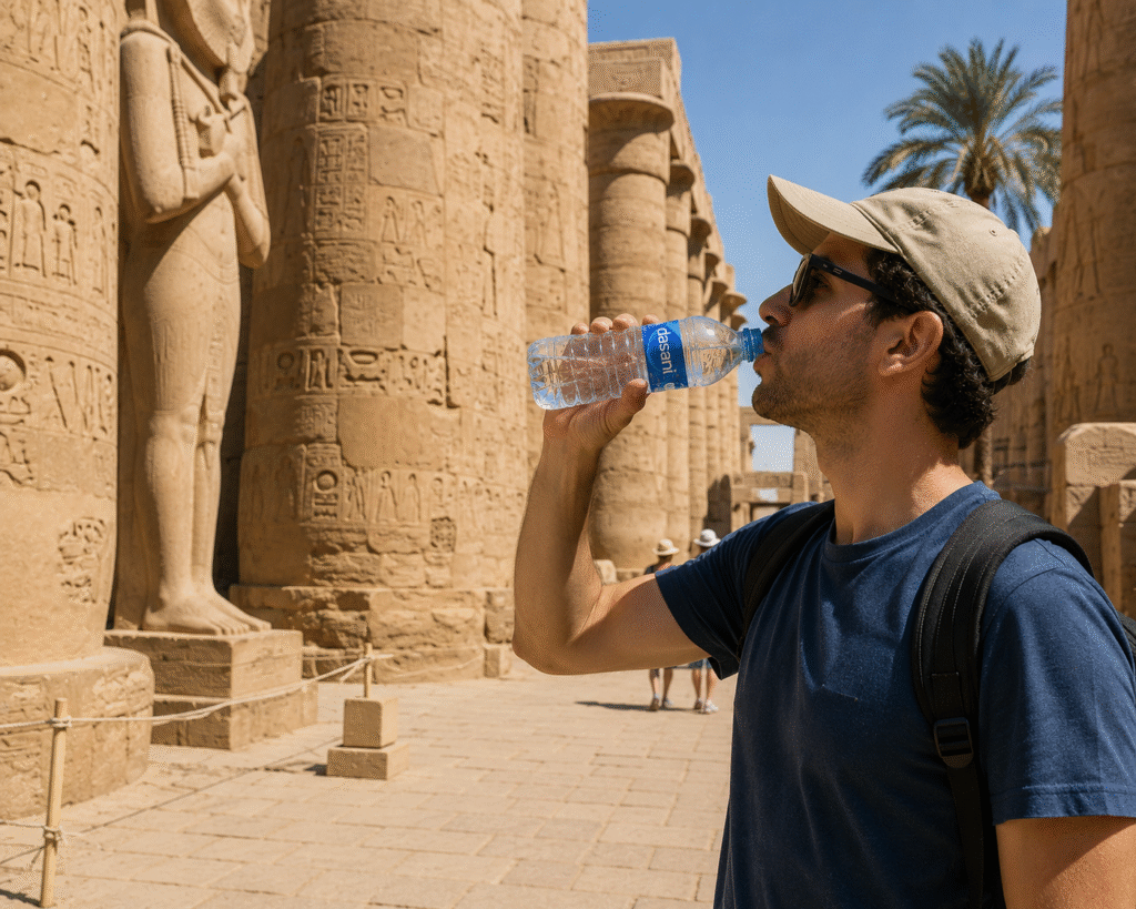 Staying hydrated while sightseeing in Egypt.