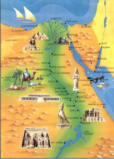 Map showing major destinations travelers visit in Egypt.