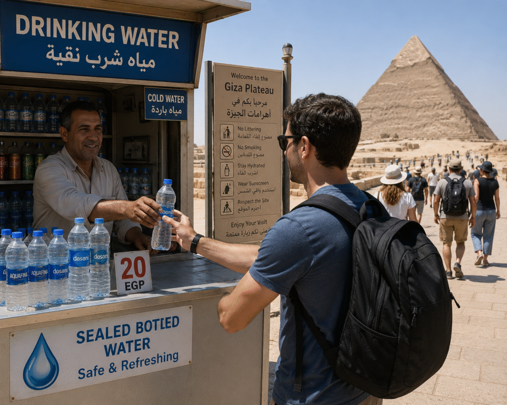 Traveler buying bottled drinking water in Egypt.