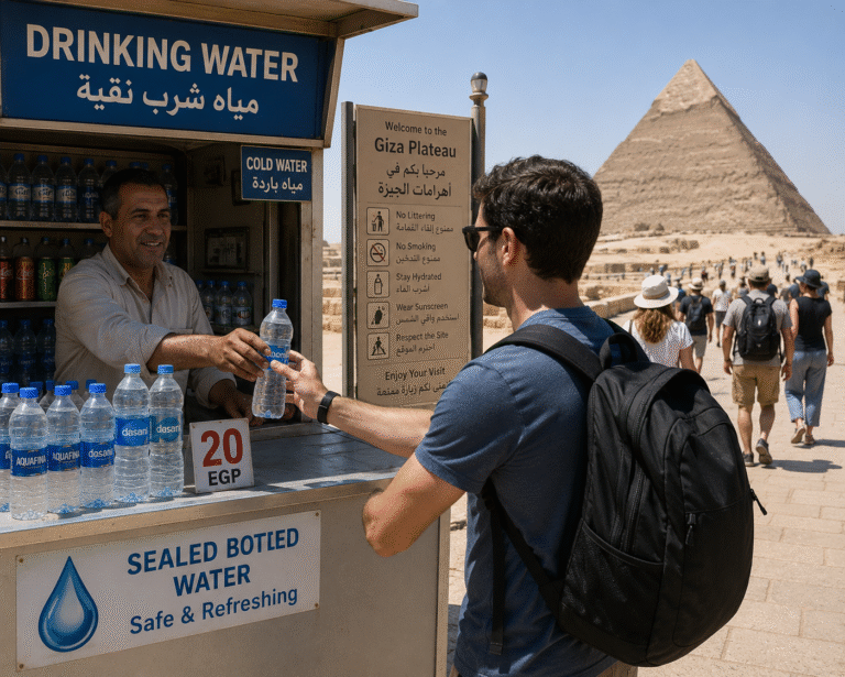 Traveler buying bottled drinking water in Egypt.