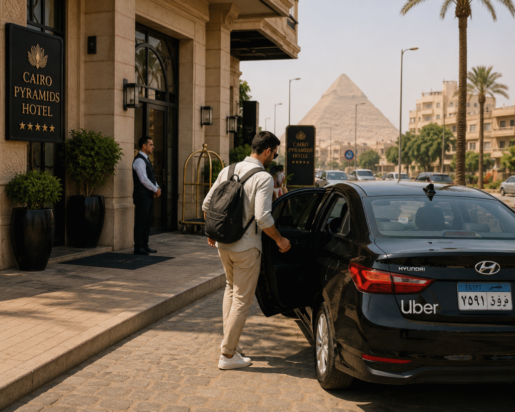 Traveler getting into an Uber outside a Cairo hotel