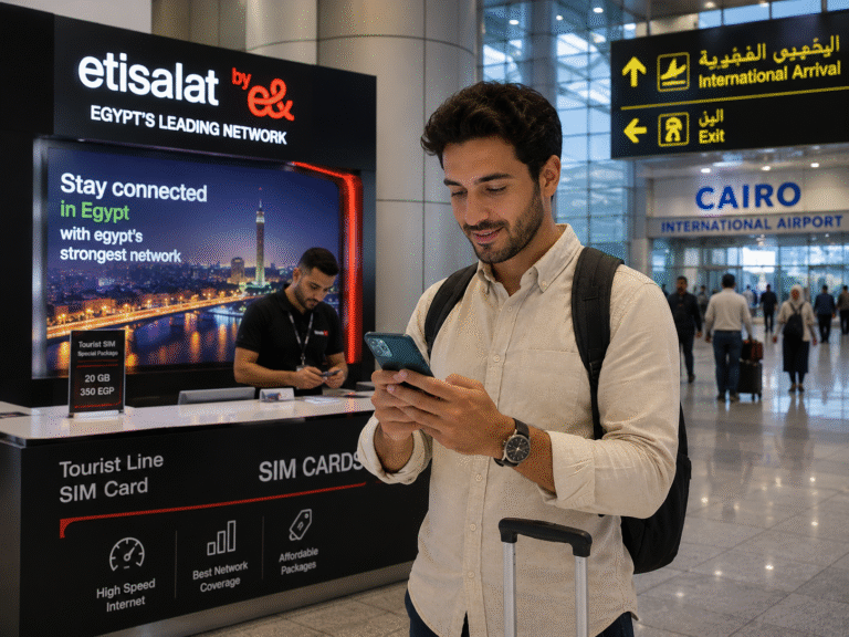 Traveler setting up a SIM card after arriving in Egypt.
