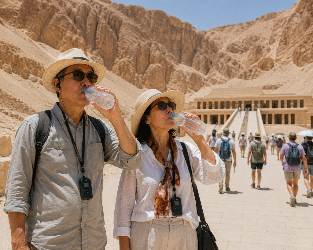 Travelers staying hydrated while sightseeing in Upper Egypt.