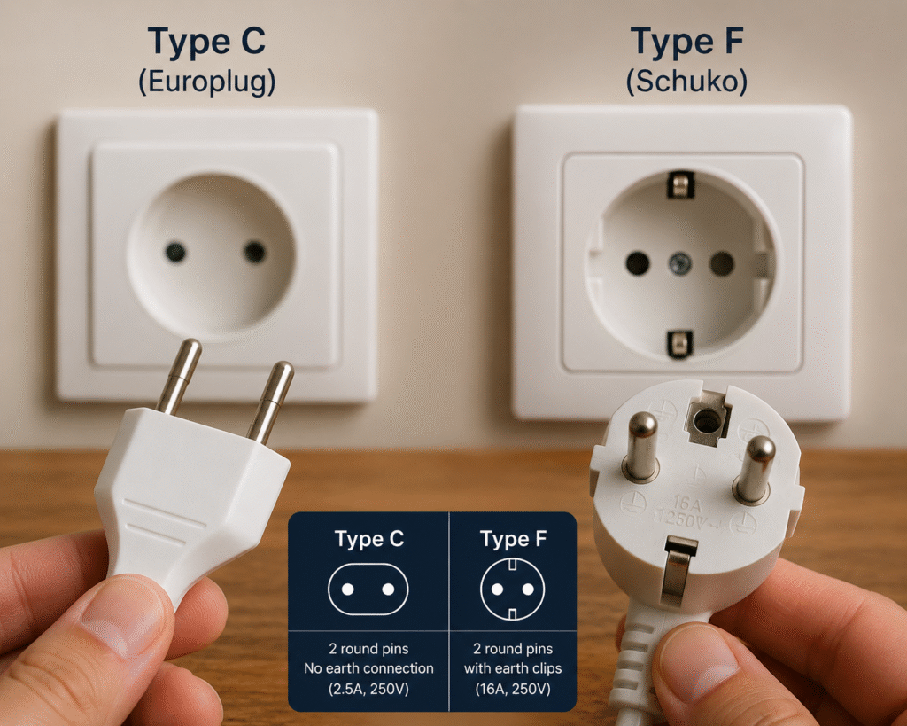 Type C and Type F electrical plugs used in Egypt.
