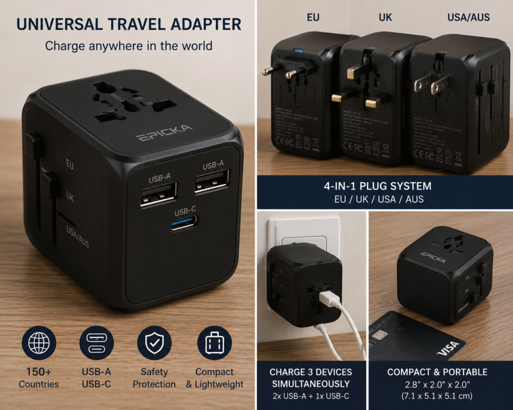 Universal travel adapter suitable for Egypt.