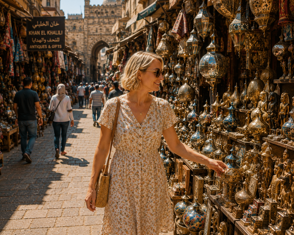Woman exploring Khan El Khalili Bazaar.